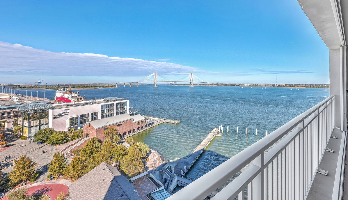 330 Concord Street 15D, Dockside view of Charleston Harbor, Aquarium Wharf, and the Ravenel Bridge