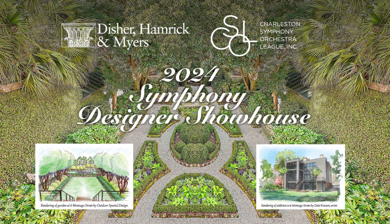 Designer Showhouse blog banner with DHM and CSOL logos and renderings of the back house addition and garden on top of a formal garden background photo