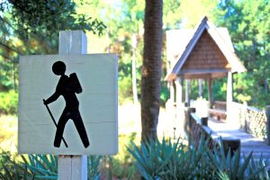 Wooden hiking trail sign in the woods on a private island near Charleston, SC