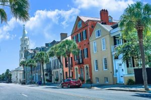 Charleston row houses. Colorful historic houses along Broad Street.