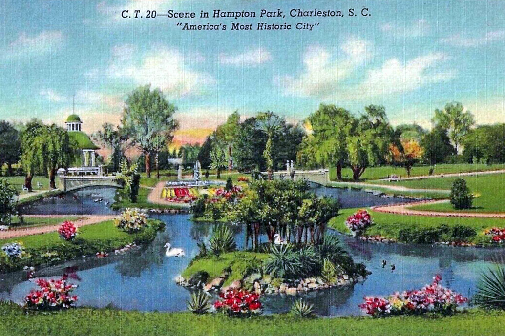 1940 post card of Hampton Park in the Wagener Terrace neighborhood of historic downtown Charleston