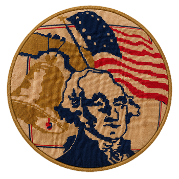 Embroidered pillow commemorating the Bicentennial featuring George Washington, the Liberty Bell, and the American flag